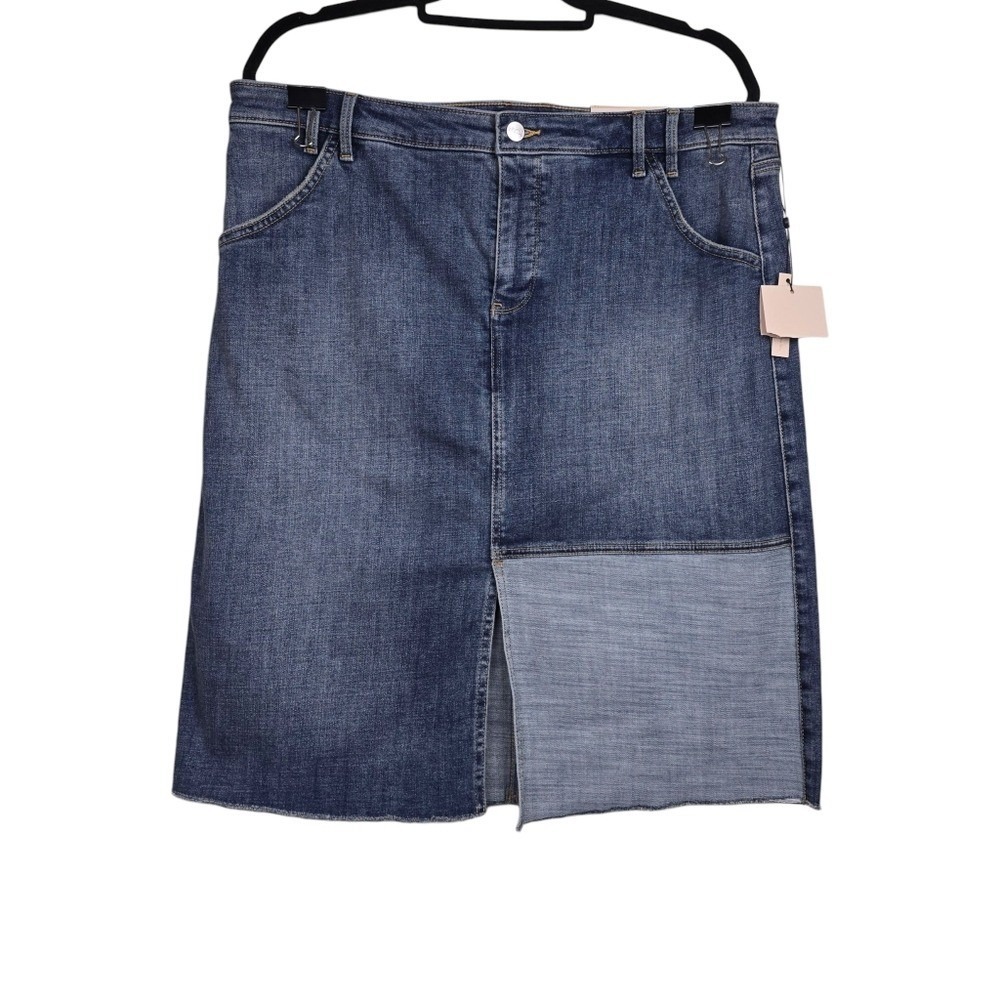 NYDJ Womens Clean Seline Front Slit Patchwork Denim Midi Skirt Size 14 NWT
